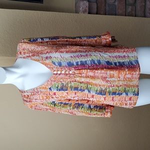 COLDWATER CREEK 100% Silk Colorful V-Neck ¾ Self Tie Sleeve Blouse SIZE: M